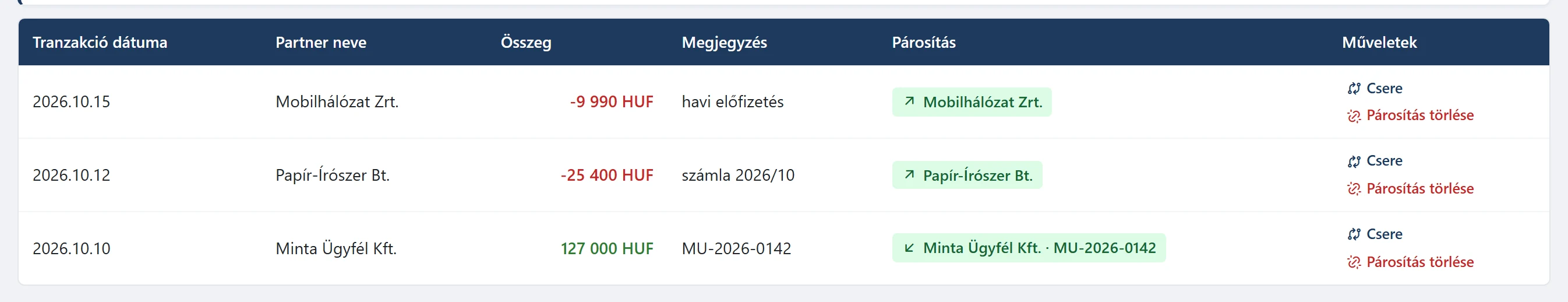 Az AlionOS bankegyeztetése: a banki tételek mellett zöld címkével a párosított számla